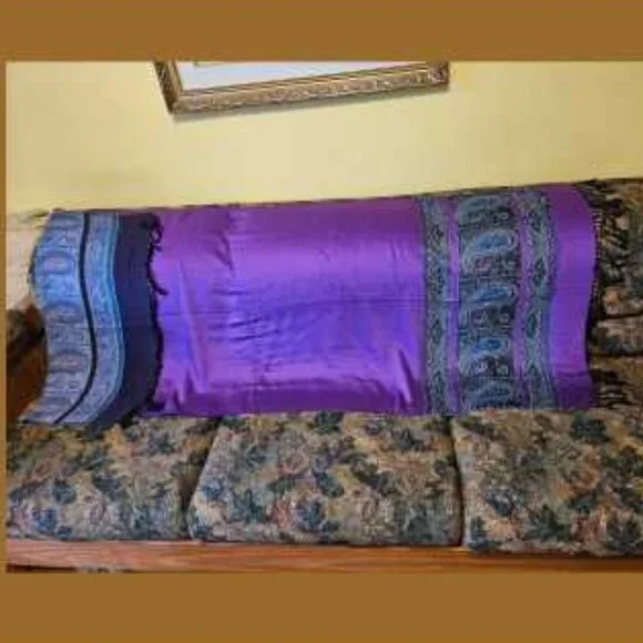 COPY - Purple, dark/medium blues, white, black fringe, cashmere scarf, unisex - Picture 2 of 6